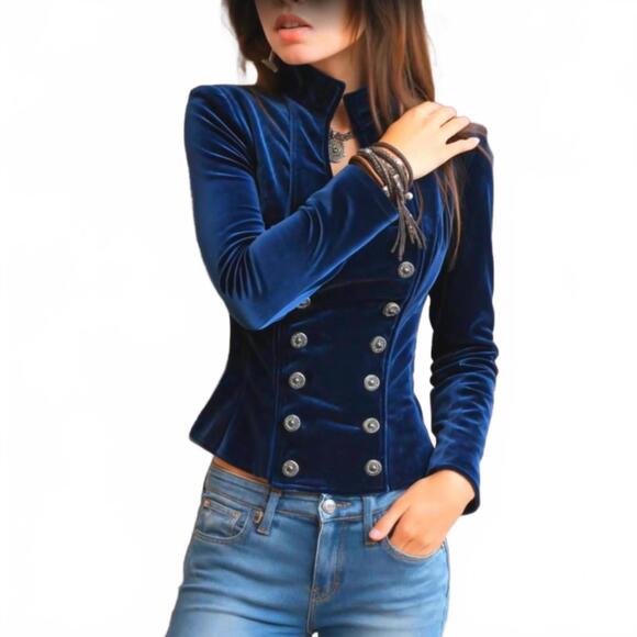 Private Label Jackets & Blazers - NEW Y2K Retro SZ S Velvet Blue Boho Double-Breast Button-Up Vintage Blazer Top